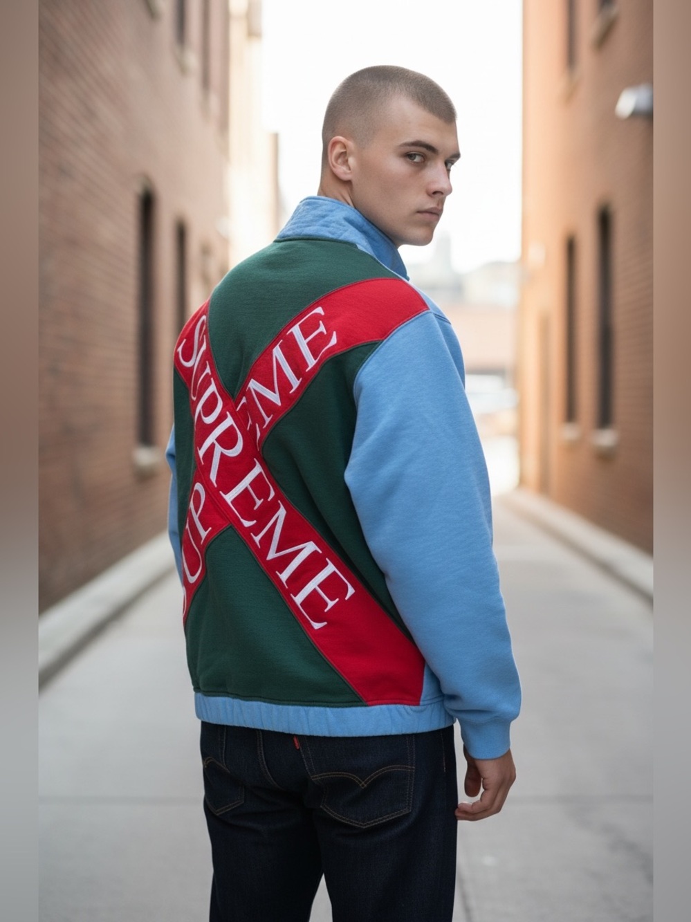 Supreme Cross Half Men's Sweatshirt Long Sleeves Green / Blue (Rare)